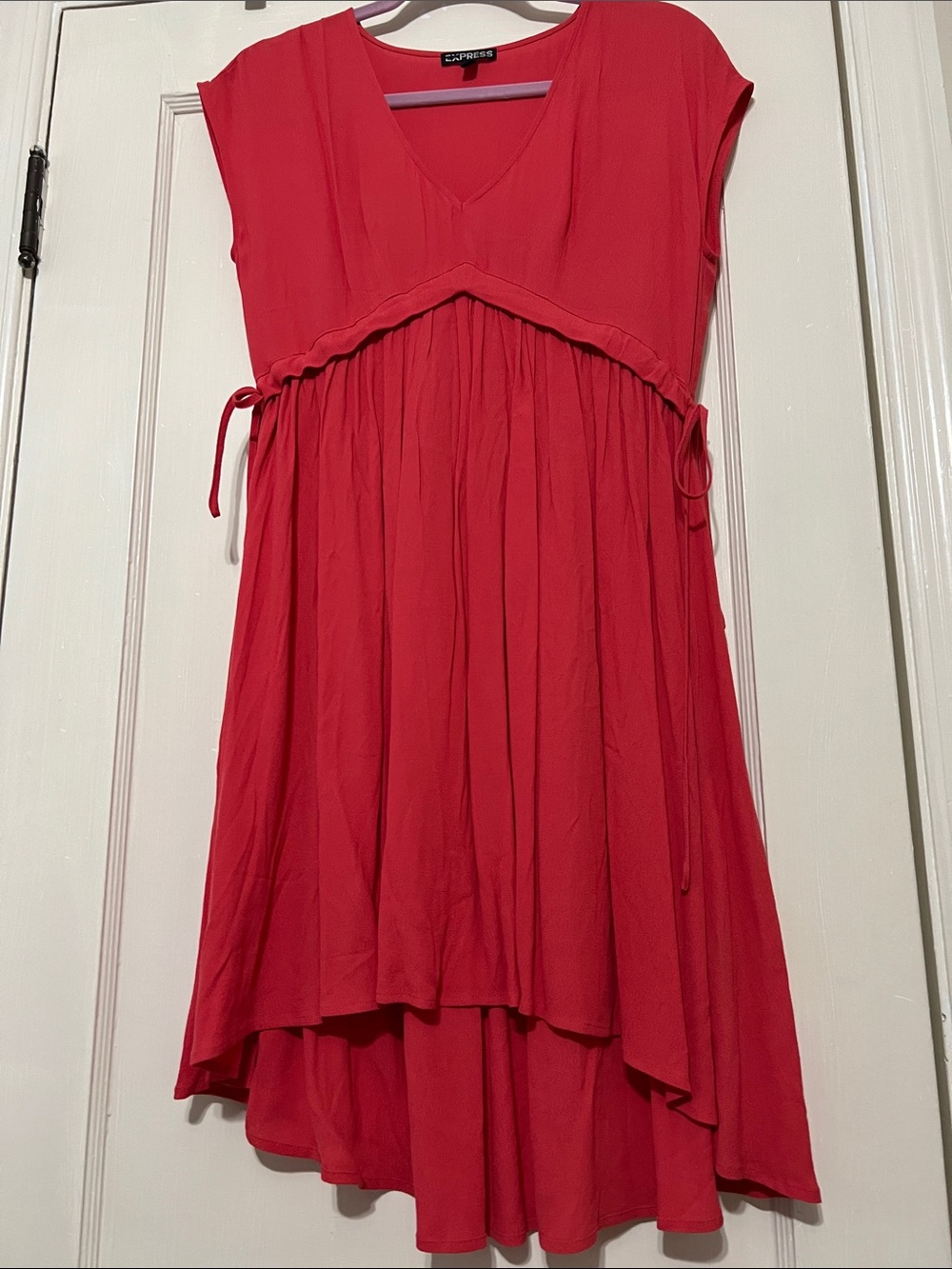 Express Dusty Red High-Low V-Neck Tie-Waist Dress